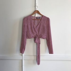 Pink polka dot wrap front blouse